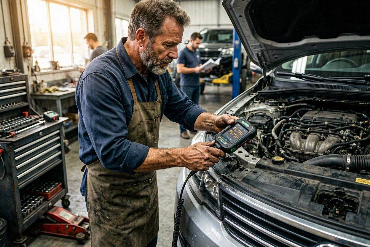 Mechanic diagnosing transmission slipping with an OBD-II scanner.