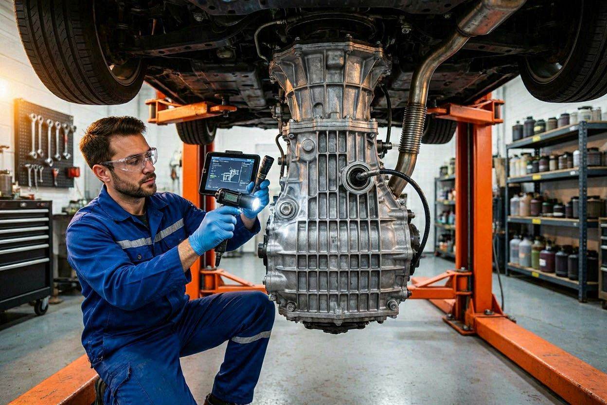 Technician checking fluid in a sealed automatic transmission using the fill plug.
