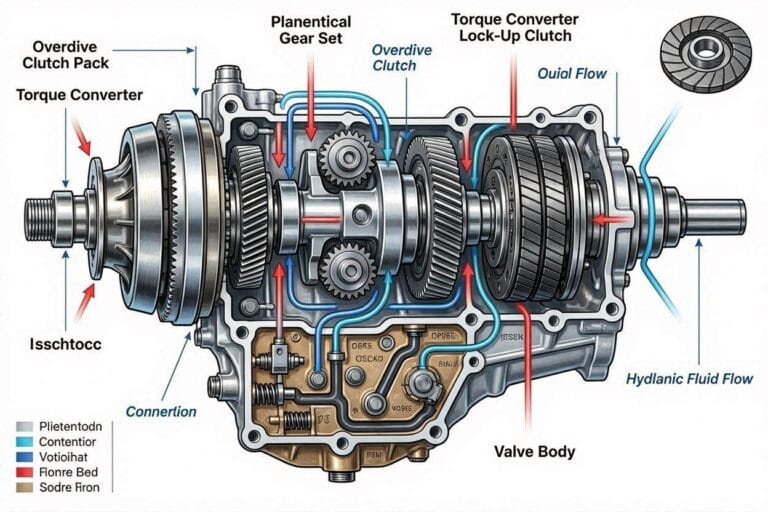 Diagram of automatic transmission showing overdrive clutch, torque converter, and planetary gear set.