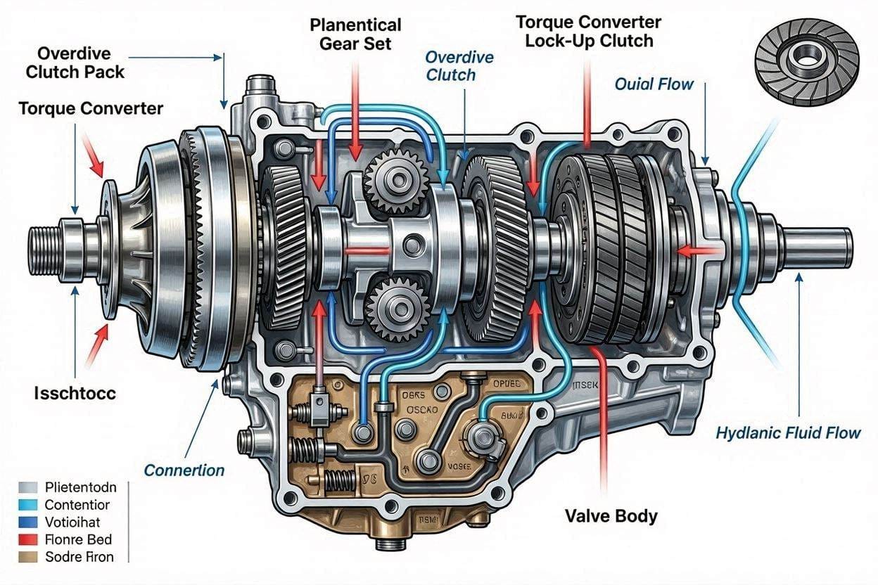 Diagram of automatic transmission showing overdrive clutch, torque converter, and planetary gear set.