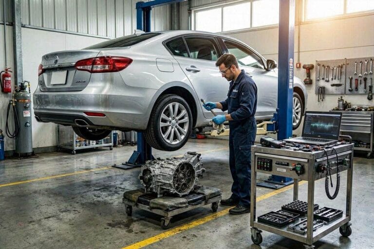 Mechanic diagnosing an automatic transmission that moves forward but won't engage reverse gear.