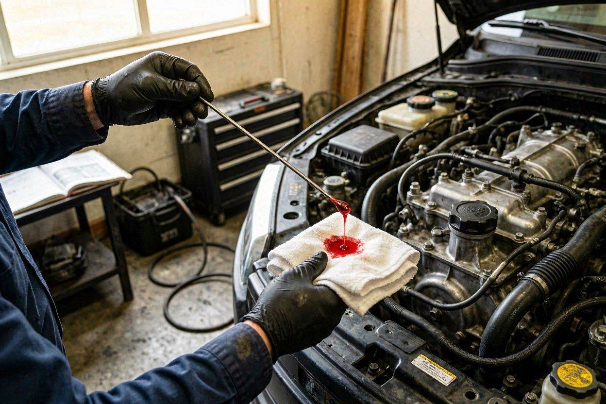 Checking automatic transmission fluid level and condition using the transmission dipstick.