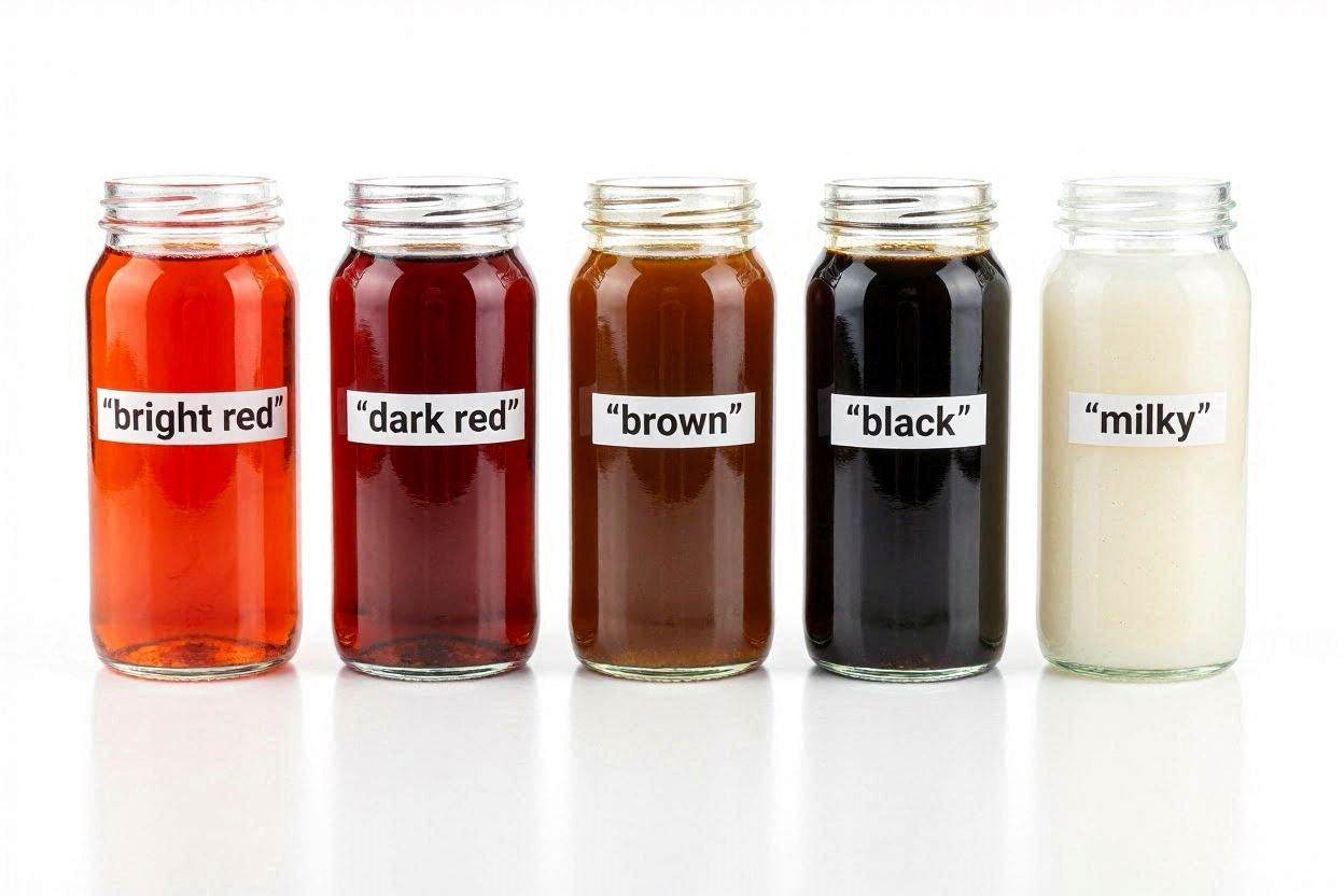 Transmission fluid color comparison showing healthy and contaminated fluid conditions.