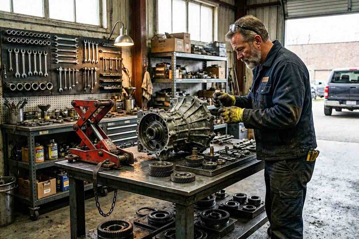 Mechanic repairing an automatic transmission after a transmission stuck in gear problem.