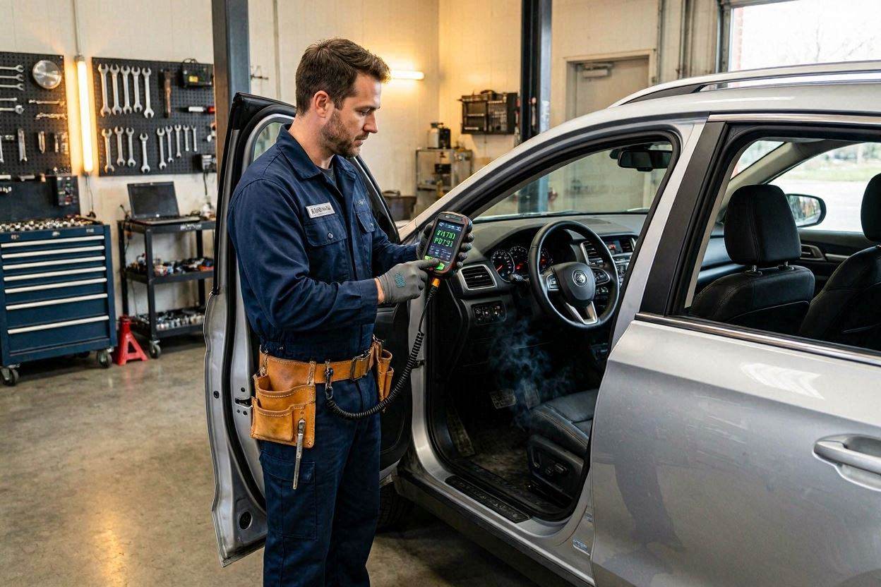 Mechanic diagnosing a transmission stuck in gear using an OBD2 scanner.