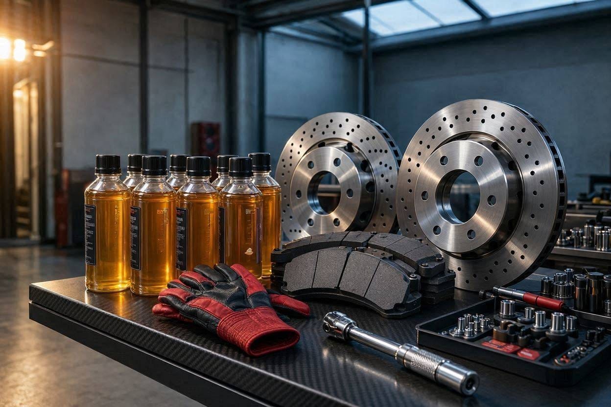 Premium high-performance brake fluids displayed with racing brake components.