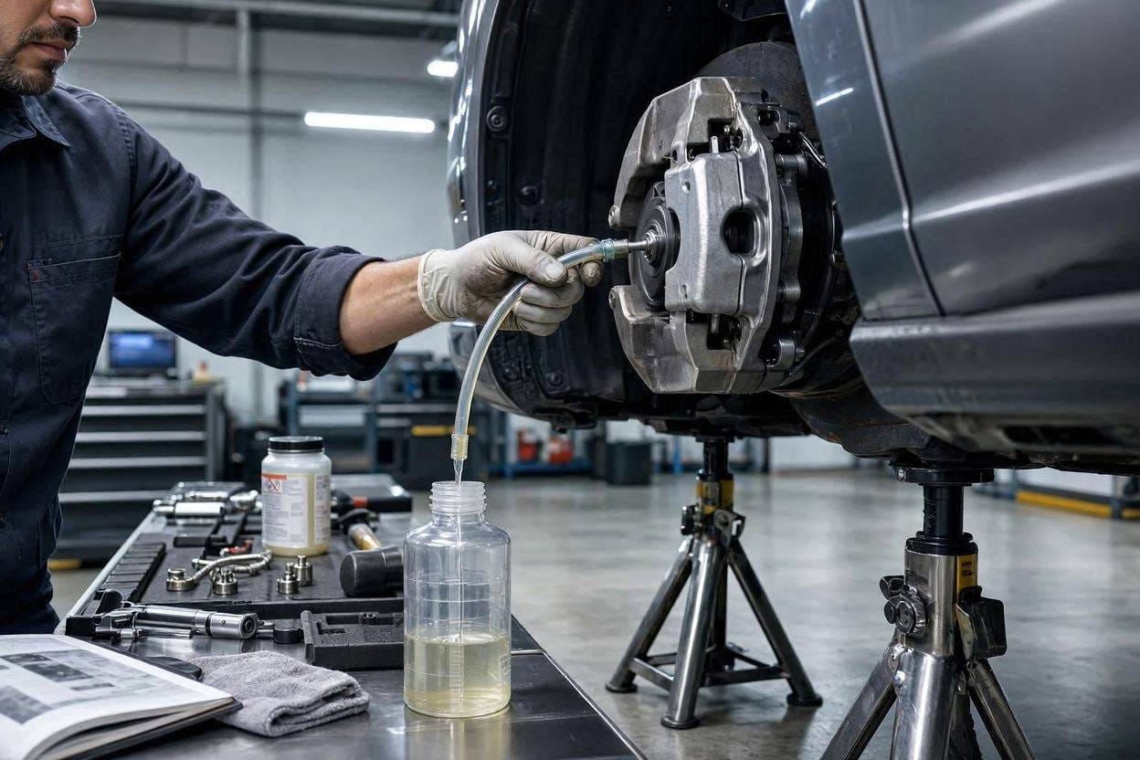 Mechanic bleeding brake fluid from a performance braking system.