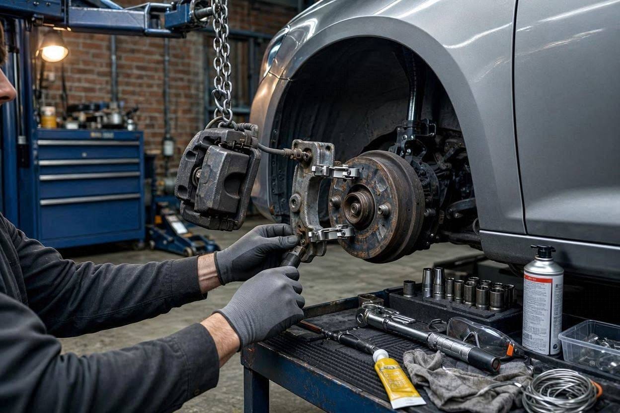 Mechanic installing new brake hardware clips during a brake service.