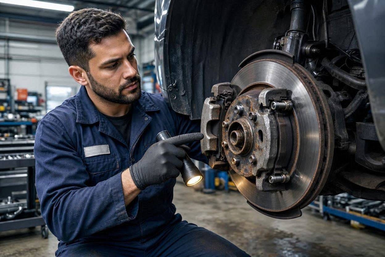 Mechanic inspecting worn brake clips and brake hardware inside a disc brake assembly.