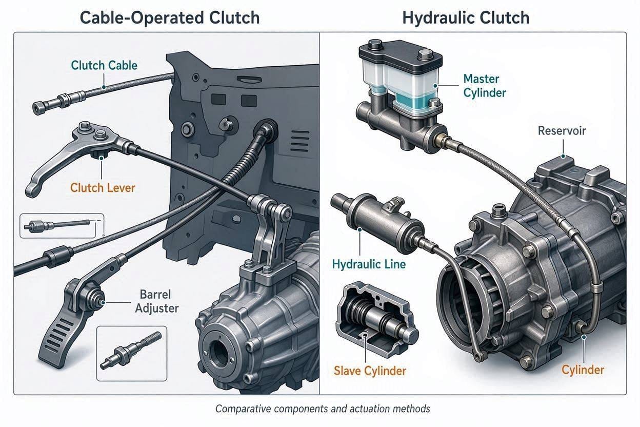 difference between cable-operated and hydraulic clutch systems.