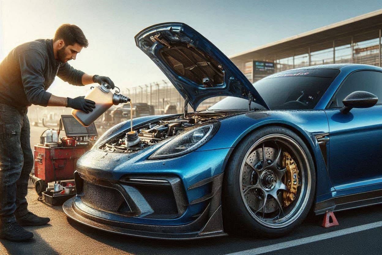 Mechanic filling a performance car with racing brake fluid before a track session.