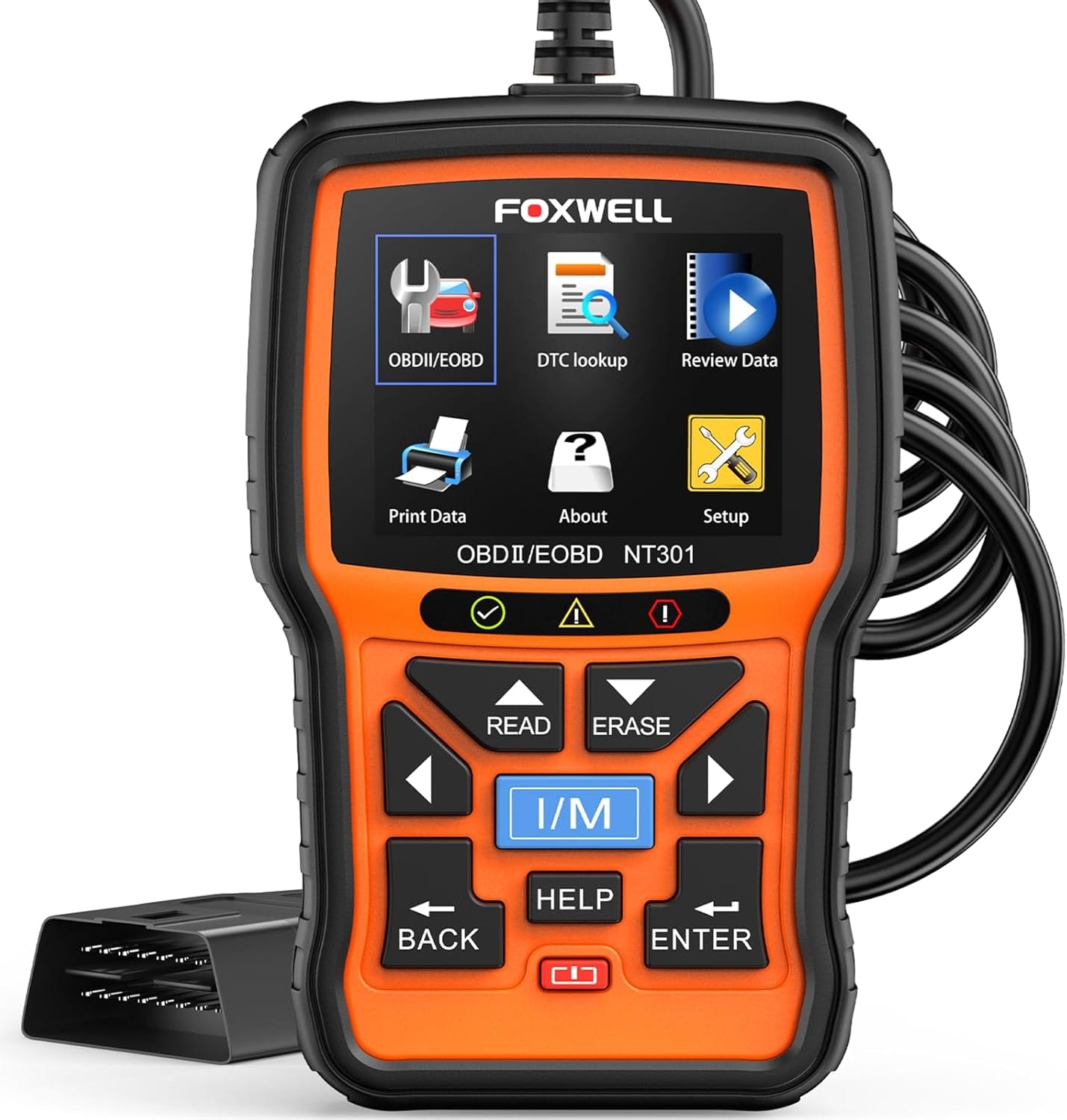 Foxwell NT301 OBD2 scanner displaying engine fault codes on color screen