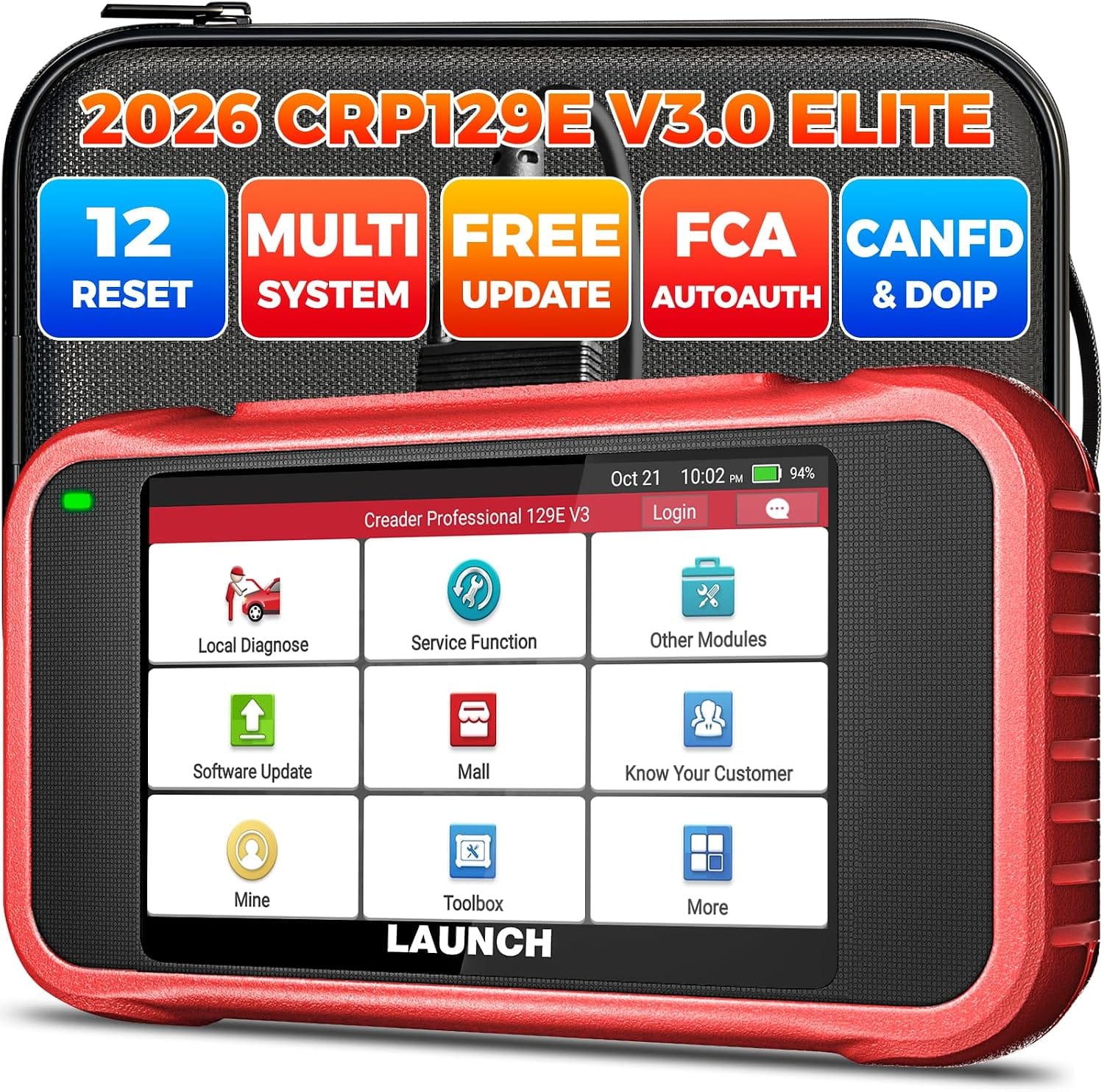 LAUNCH CRP129E V3.0 Elite OBD2 Scanner Diagnostic Tool, 12 Reset Scan Tool, CANFD & DOIP, FCA AutoAuth, ABS SRS Transmission Engine Code Reader, Oil/Brake/SAS/DPF/TPMS/BMS Reset, Lifetime Free Update