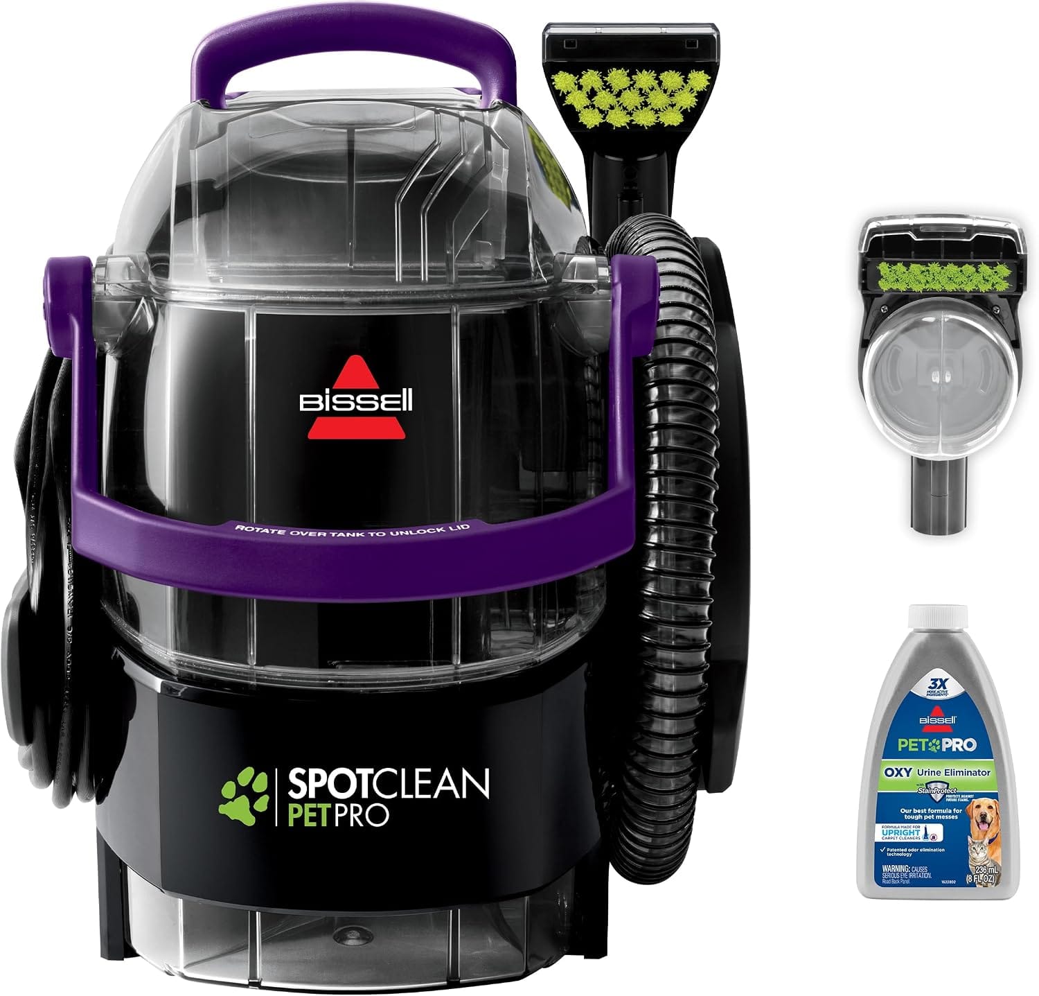 Bissell SpotClean Pet Pro 2458 portable car carpet cleaner extracting a stain from a car floor mat