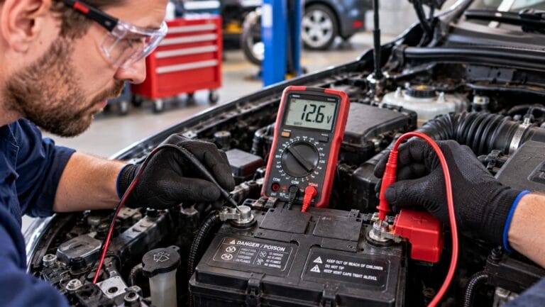 Mechanic testing a car battery with a digital multimeter during routine battery maintenance.