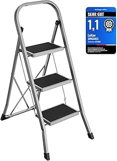 SONGMICS GSL003GY01 3-Step Ladder, Folding Stepladder, Easy to Store, 150 kg Load Capacity, Dove Grey